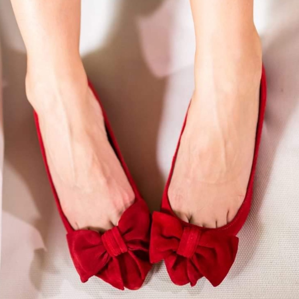 Barely worn Red Oversized Bow Genuine Suede Ballet Flats